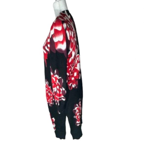 NY Collection Black Red White Long Open Front Drape Cardigan Size Medium - Picture 4 of 7